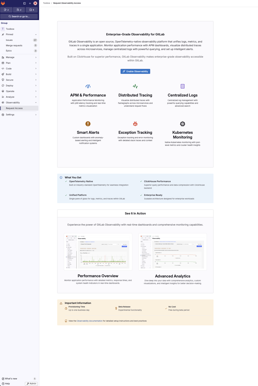 Enable Observability Button Enable Observability Button